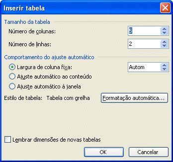 parágrafo. Inserir uma tabela no documento Seleccione Inserir - Tabela do menu Tabela e na respectiva janela; indique o número de colunas e de linhas pretendidas.