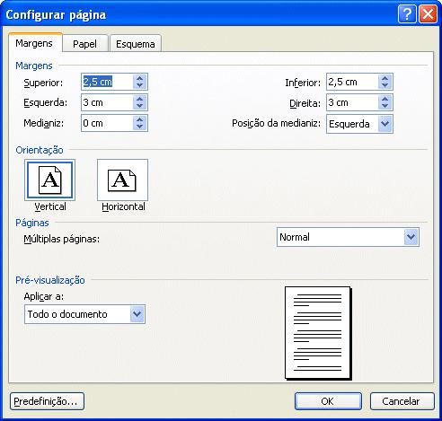 Formatação de Página O programa tem, por defeito, uma definição de página que estabelece; o tipo de papel - modelo - a usar, as medidas para as margens, o processo de tracção de papel em utilização