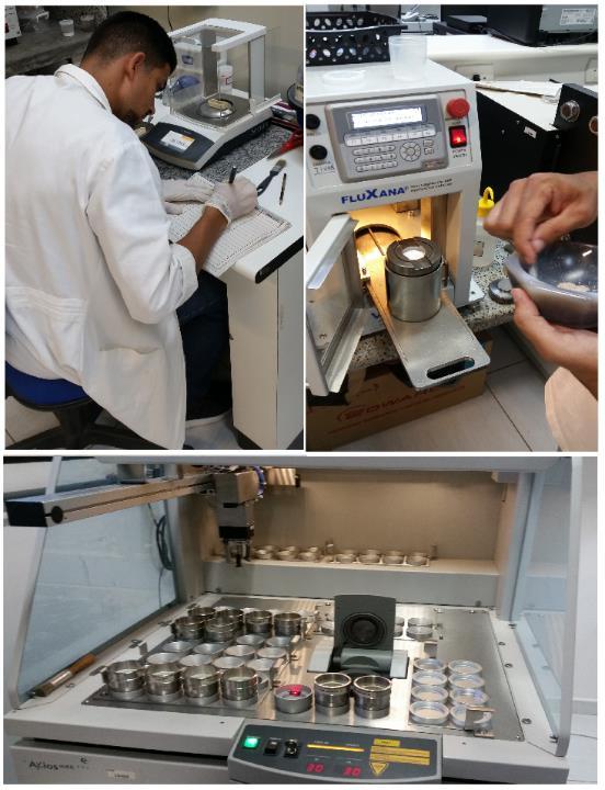 4.2.5 Análise Química Fluorescência de raios-x As amostras foram preparadas em prensa automática VANEOX (molde de 20 mm, P = 20 ton e t = 30 s), utilizando como aglomerante ácido bórico (H3BO3) na