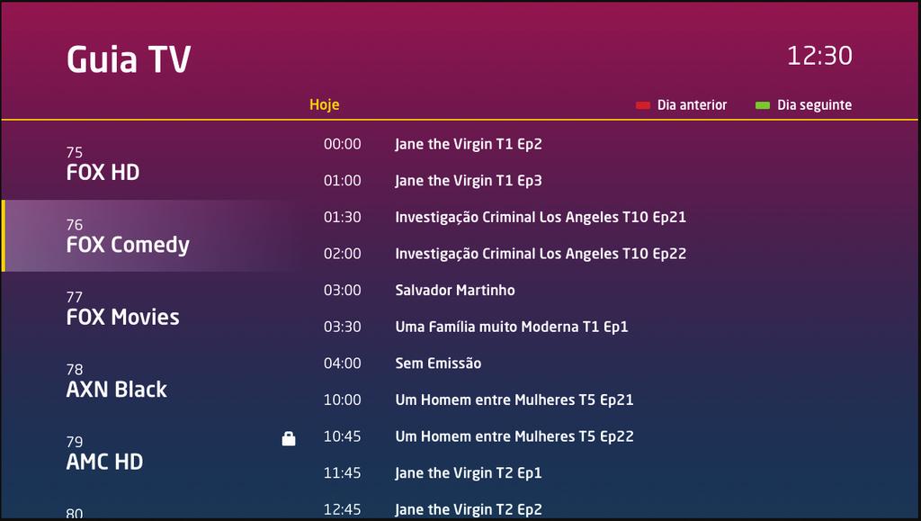 BOX HD+ 3.0 Guia TV Através do Guia TV pode navegar pelos canais e ver a respetiva programação.