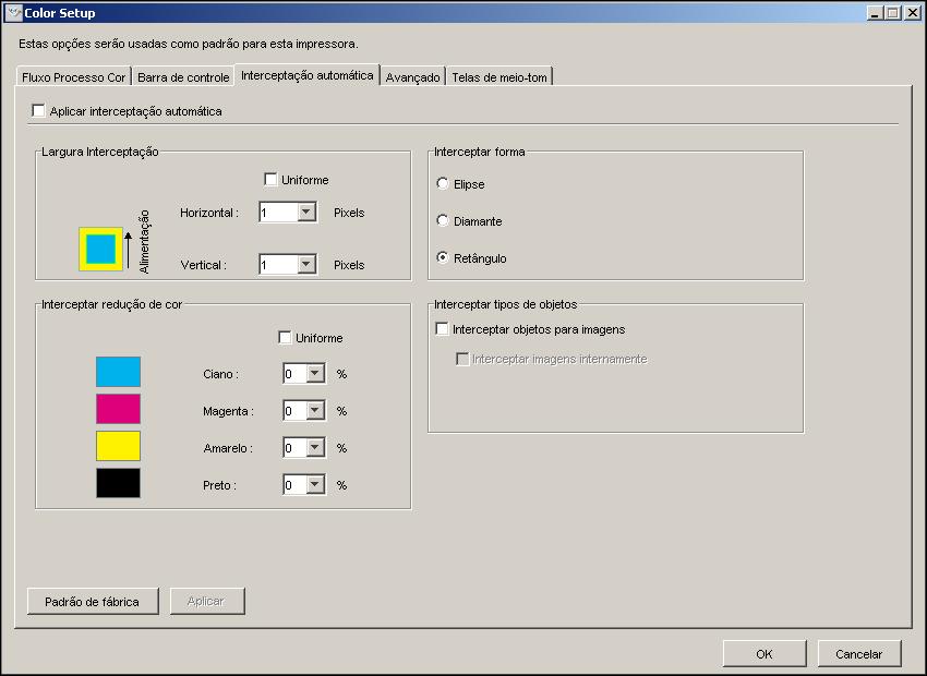 RECURSOS DO COLOR SETUP 65 Painel Interceptação automática Para acessar o painel Interceptação automática, clique na guia Interceptação automática na caixa de diálogo Color Setup do ColorWise Pro