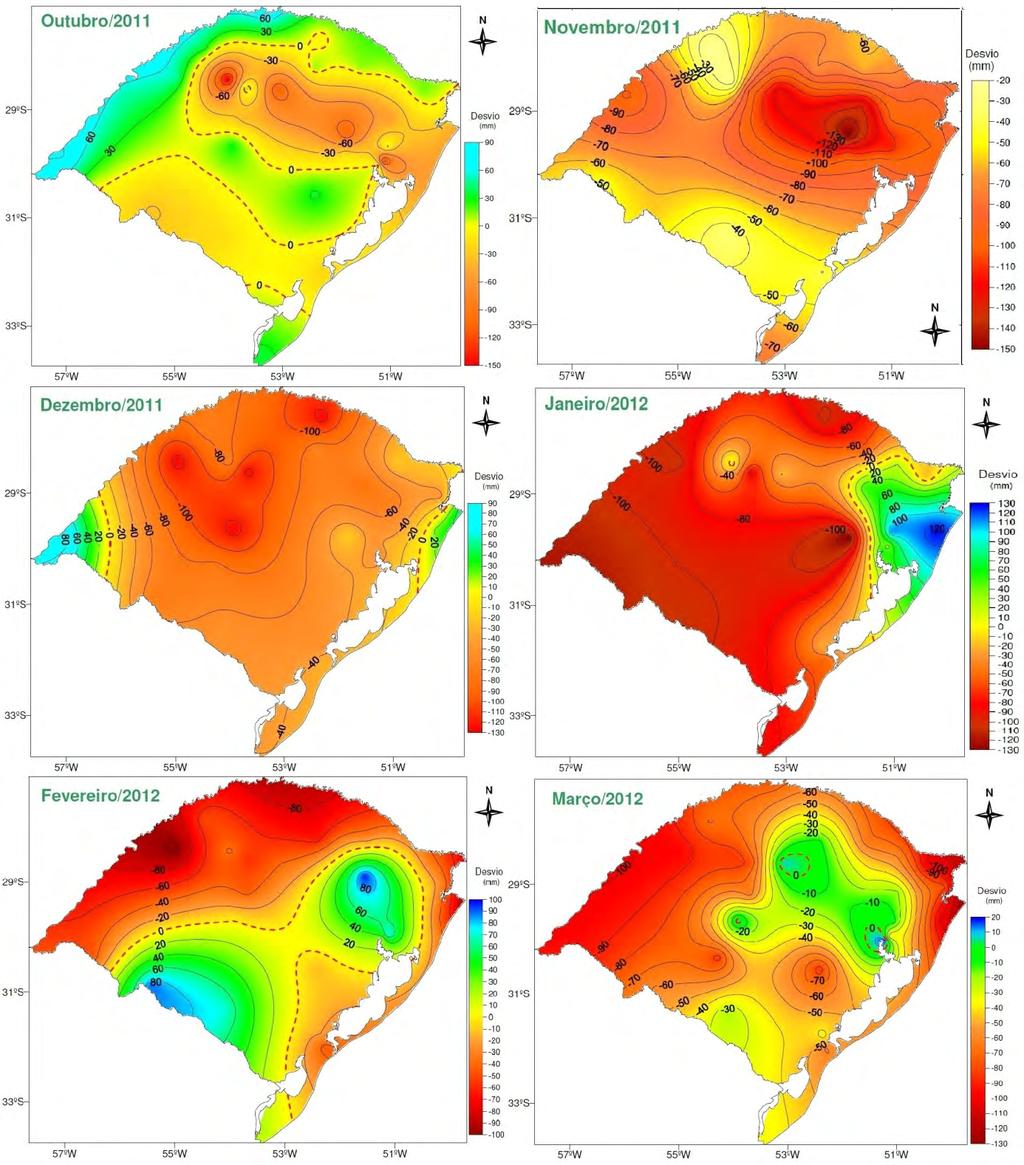 Figura 50: Mapas de desvio da precipitação normal (mm) entre os meses de outubro e março de 2012. Fonte: FEPAGRO/8 DISME.