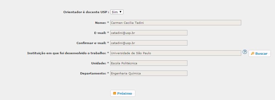 Se for docente USP, clique em Buscar e informe o Número USP ou o