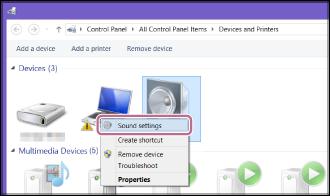 1. Clique com botão direito na opção [], em [Devices], e selecione [Sound settings] no menu que aparece. 2. Confirme a opção [ Stereo] no ecrã [Sound].