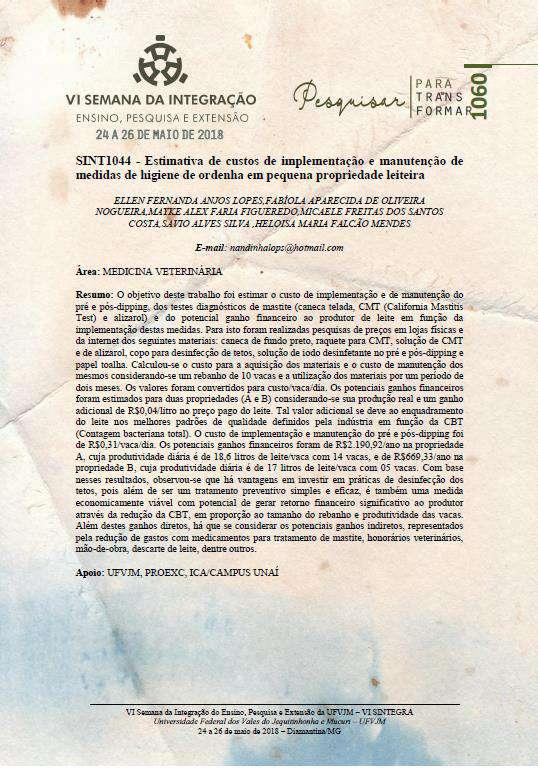 APÊNDICE 1: Resumo submetido na VI Semana da Integração: Ensino, Pesquisa e Extensão da UFVJM - VI SINTEGRA,