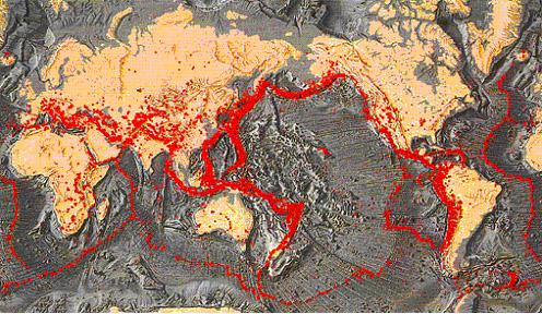14 Figura 8: Mapa de distribuição dos sismos no mundo, destacados em vermelho. (Fonte: http://pubs.usgs.gov/gip/dynamic/dynamic.html).