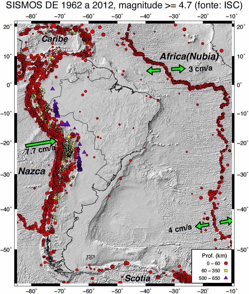 Figura 9. Sismos na placa da América do Sul (1962-2012) com magnitudes acima de 4,7.
