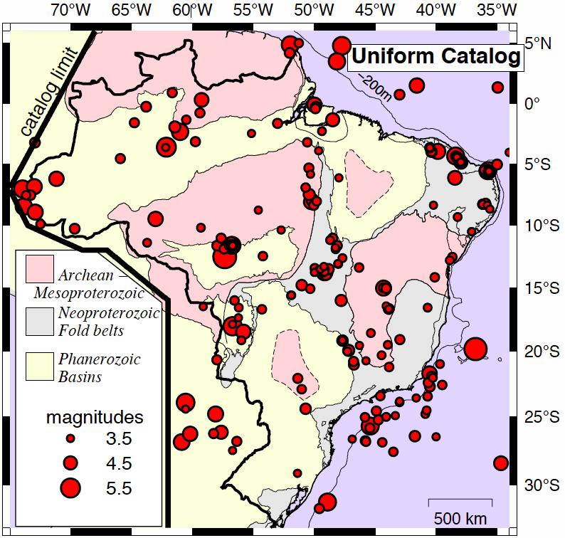 Figura 11. Epicentro do catálogo UNIFORME mostrando as áreas de maior atividade sísmica no Brasil. As magnitudes variam de 3,5 a 6,2.