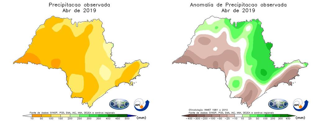 Figura 2: Precipitação acumulada (esquerda) e anomalia de precipitação (direita) durante o mês de abril de 2019.