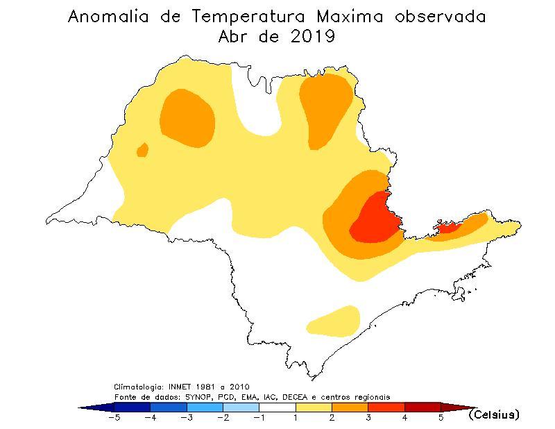A combinação das condições de tempo acima descritas contribui para que as temperaturas em abril, na maior parte de São Paulo, ficassem acima da média (tons de