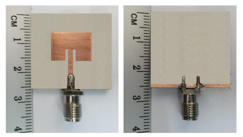 60 construído. A fotografia é vista na Figura 6.11. a) b) Figura 6. 11 Fotografia da antena miniaturizada na frequência de,5 GHz. a) vista frontal, b) vista posterior.