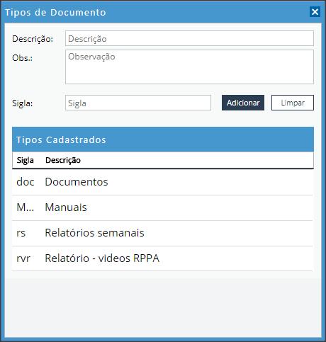 Você pode criar tipos padrões de arquivos clicando em Tipos. Preencha os campos: 1. Descrição do tipo de documento. 2. Observação (opcional). 3.