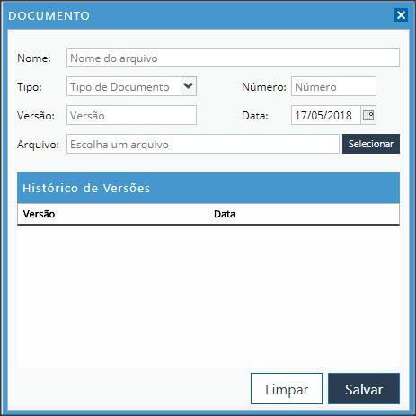 Para adicionar um documento, clique em +Novo. Preencha os campos: 1. Nome do arquivo. 2. Selecione um dos tipos de documento cadastrado. 3.