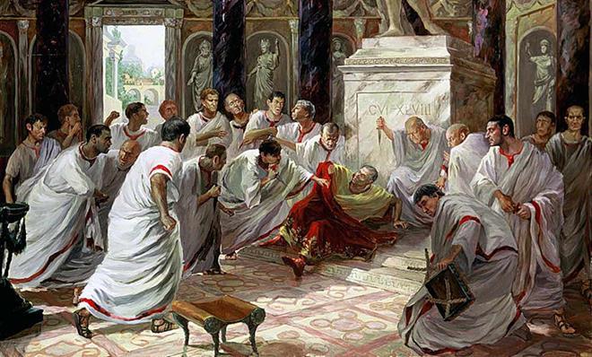 Segundo Triunvirato... E quando Brutus o feriu...césar cessou de oferecer resistência; cobrindo o rosto com a toga, entregou-se aos golpes e caiu sob a tábua de Pompeu.