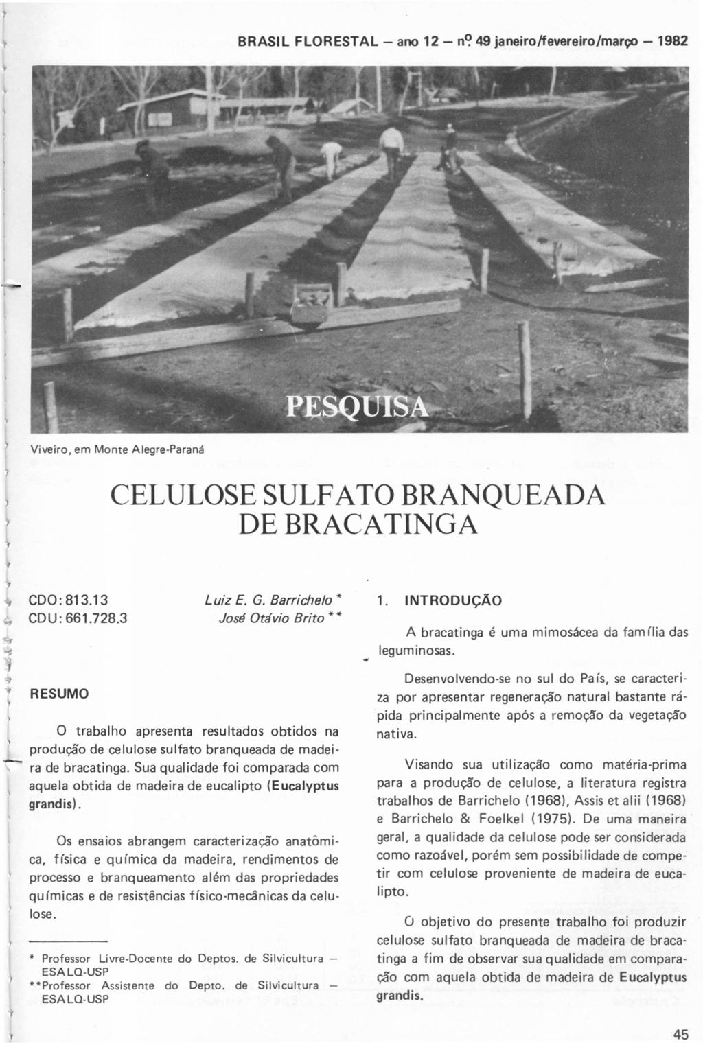 45 BRASIL FLORESTAL - ano 12 - n<?49 janeiro/fevereiro/março - 1982 Viveiro, em Monte Alegre-Paraná CELULOSE SULFATO BRANQUEADA DE BRACATINGA coa: 813_13 CDU: 661.728.3 Luiz E. G.
