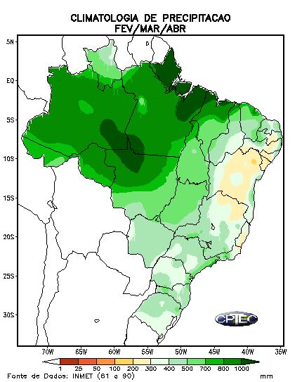 Figura 8 Climatologia de Precipitação para o trimestre fevereiro-março-abril. Fonte: Instituto Nacional de Meteorologia (INMET), período-base 1961-1990 4.1.3.