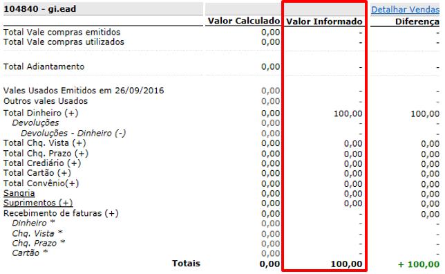 Na Terceira coluna constam as diferenças entre os valores lançados no fechamento e os valores das movimentações