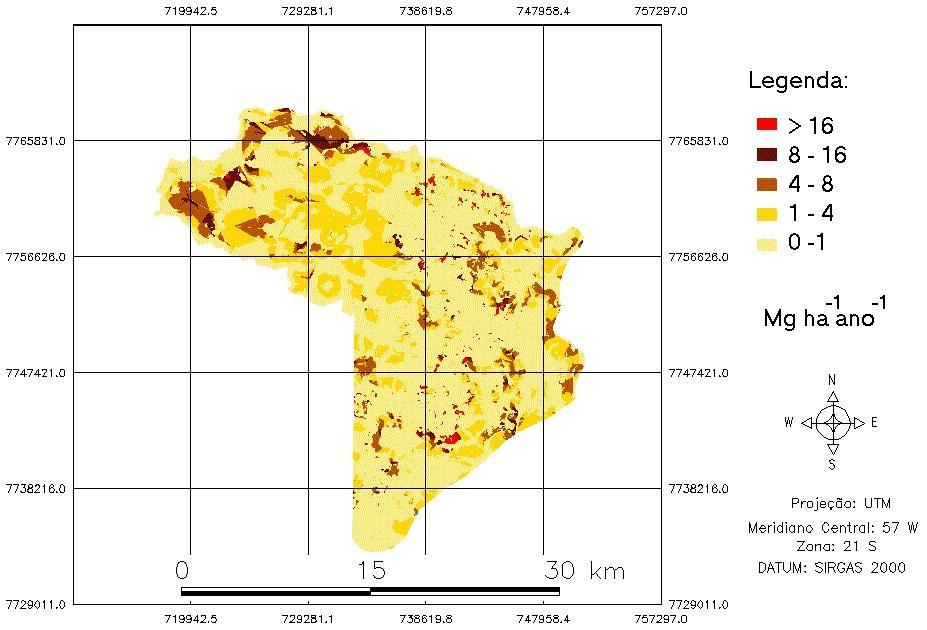 Figura 1. Mapa temático do risco à erosão, segundo o modelo USLE.