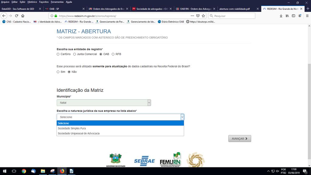 Caso a opção anterior for Abertura, o próximo passo será marcar a entidade de registro OAB e responder a seguinte pergunta: Esse processo será utilizado somente para