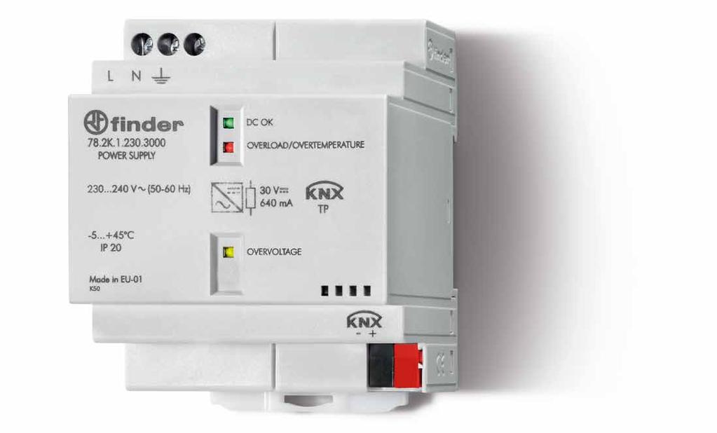 ..240V CA 50/60Hz - Saída KNX Bus 29V CC - 640mA - 3 Indicadores de estado LED: Verde: Tensão correcta Vermelho: Sobrecarga,