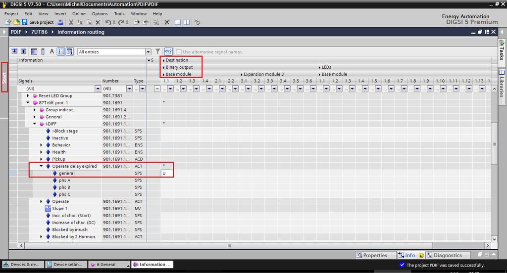 Associe o sinal general dentro de Operate delay expired à saída 1.1. Observe as colunas para esse sinal Destination > Binary output > Base module.