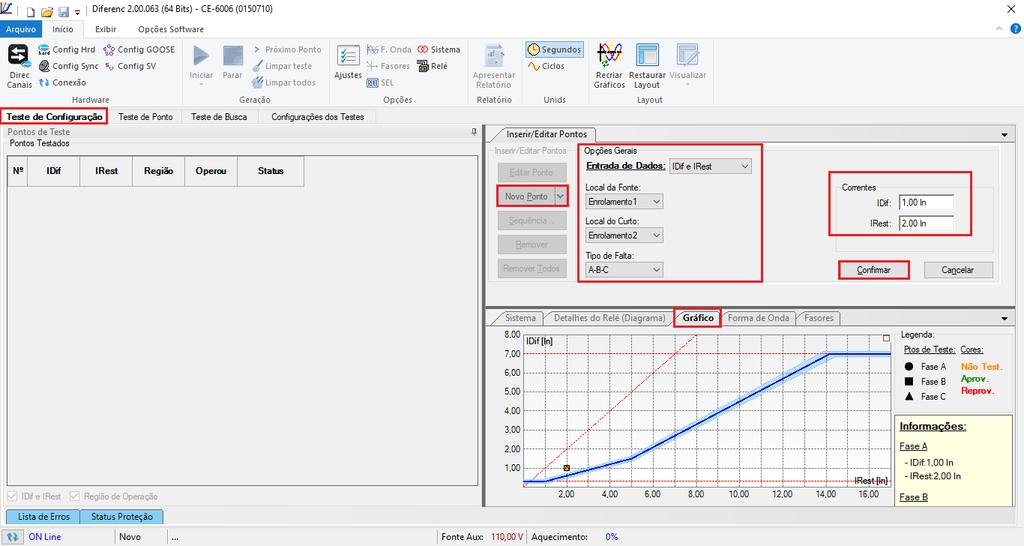 Figura 50 Ao iniciar o teste o usuário deverá entrar com os valores de corrente diferencial e restrição lidos no relé que deverão ser próximos aos valores calculados no software que irá realizar a