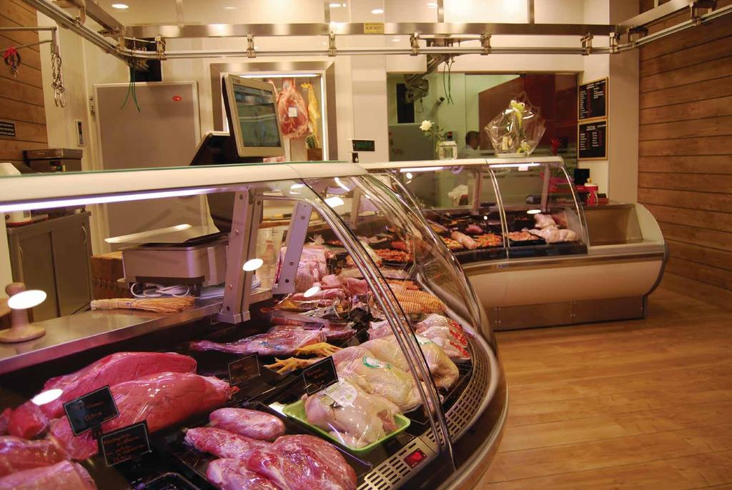 FOOD RETAIL VITRINAS Versões para TALHO, CHARCUTARIA, TAKEAWAY refrigerado e aquecido Iluminação LED Fácil acesso para higienização OPCIONAIS: Vidro frontal com sistema hidráulico para abertura