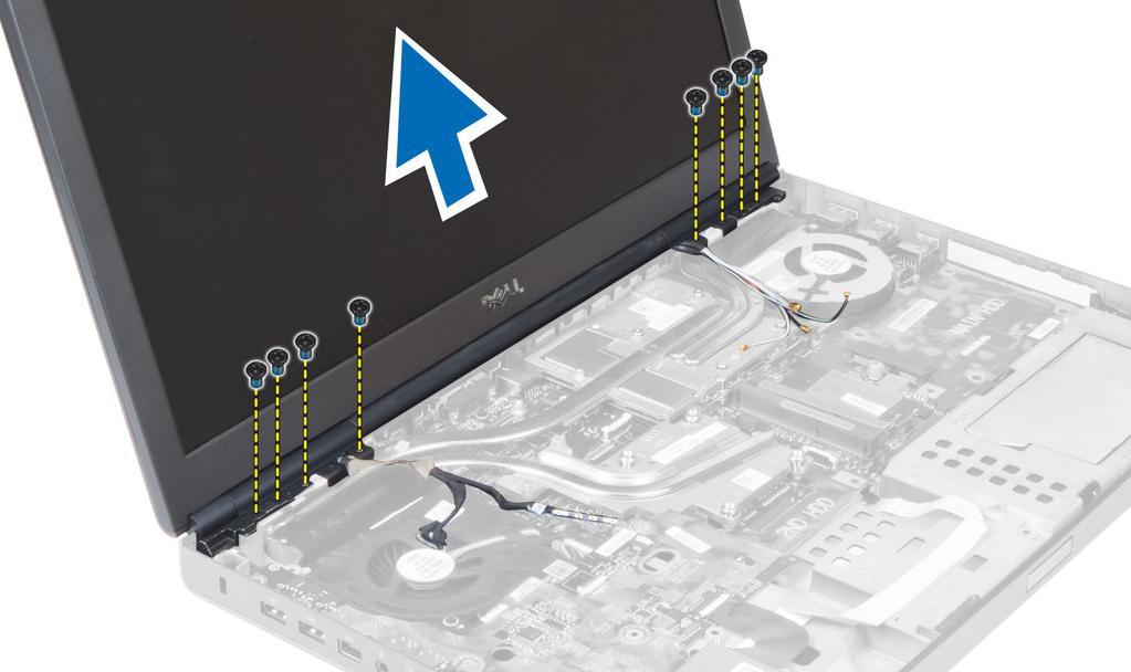 Instalar o conjunto do ecrã 1. Aperte os parafusos para fixar o conjunto do ecrã no lugar. 2. Ligue o cabo da câmara e o cabo LVDS aos respectivos conectores na placa de sistema. 3.