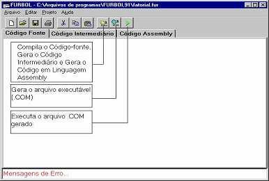 62 2.11.2 INTERFACE DO AMBIENTE FURBOL O protótipo desenvolvido possui a janela principal onde são editados os programas fonte. Esta janela possui um menu com funções disponíveis.