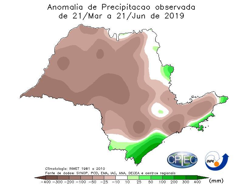 Figura 4: Anomalia de precipitação durante o verão de 2019. Tons de verde indicam precipitação acima da média histórica e tons de marron indicam precipitação abaixo da média.
