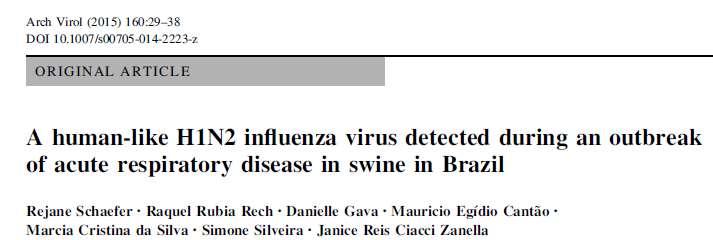 Abstract. Passive monitoring for detection of influenza A viruses (IAVs) in pigs has been carried out in Brazil since 2009, detecting mostly the A(H1N1)pdm09 influenza virus.