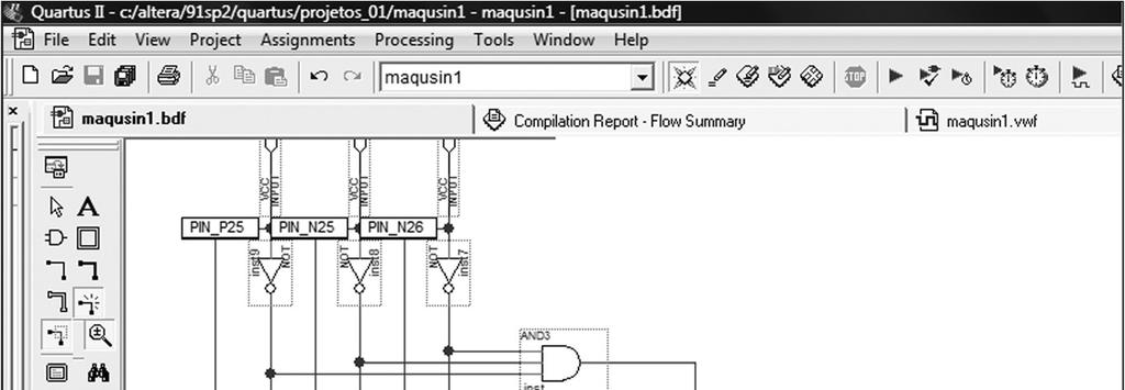 Salve a nova configuração dos pinos do FPGA e compile o projeto novamente. Na tela do editor gráfico do arquivo maqusin1.