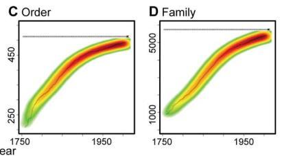 definida entre o número de eécies e o número de filos, classes, ordens, famílias e gêneros.