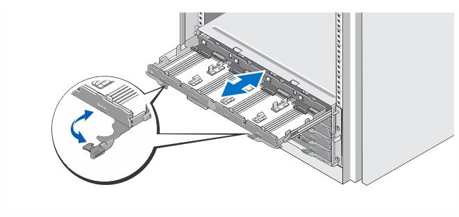 Abrir e fechar a gaveta de discos Figura 2. Abrir e fechar a gaveta de discos Abra a gaveta de discos para instalar ou remover o(s) suporte(s) de disco físico.