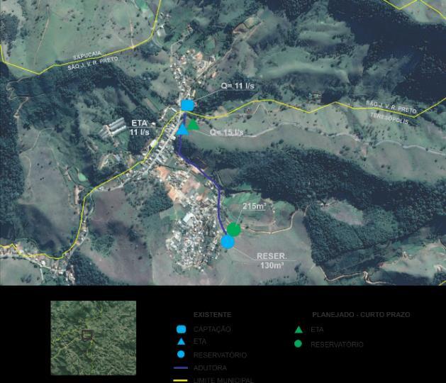 Figura 4 Mapa a partir de Satélite com o Sistema de Abastecimento de Água proposto para a unidade de planejamento de Pião ao longo do Plano. Fonte: Elaboração Consócio Encibra/Paralela.