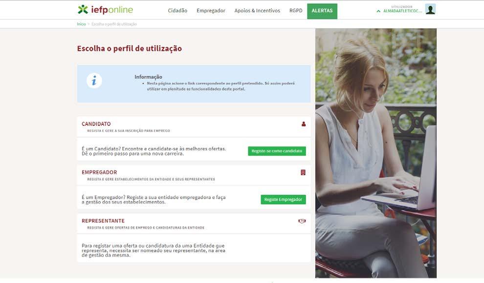 11. Concluído o registo, deve de seguida selecionar o perfil de utilizador do portal, que no seu caso, é o de