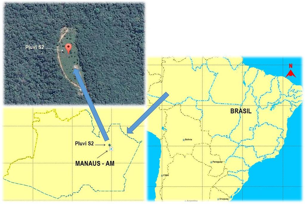em um posto pluviométrico de uma bacia experimental do programa LBA / INPA 6 situada cerca de 80 km ao Norte da cidade de Manaus, dentro da Reserva do Cuieiras (APA ME Rio Negro Setor Sul).