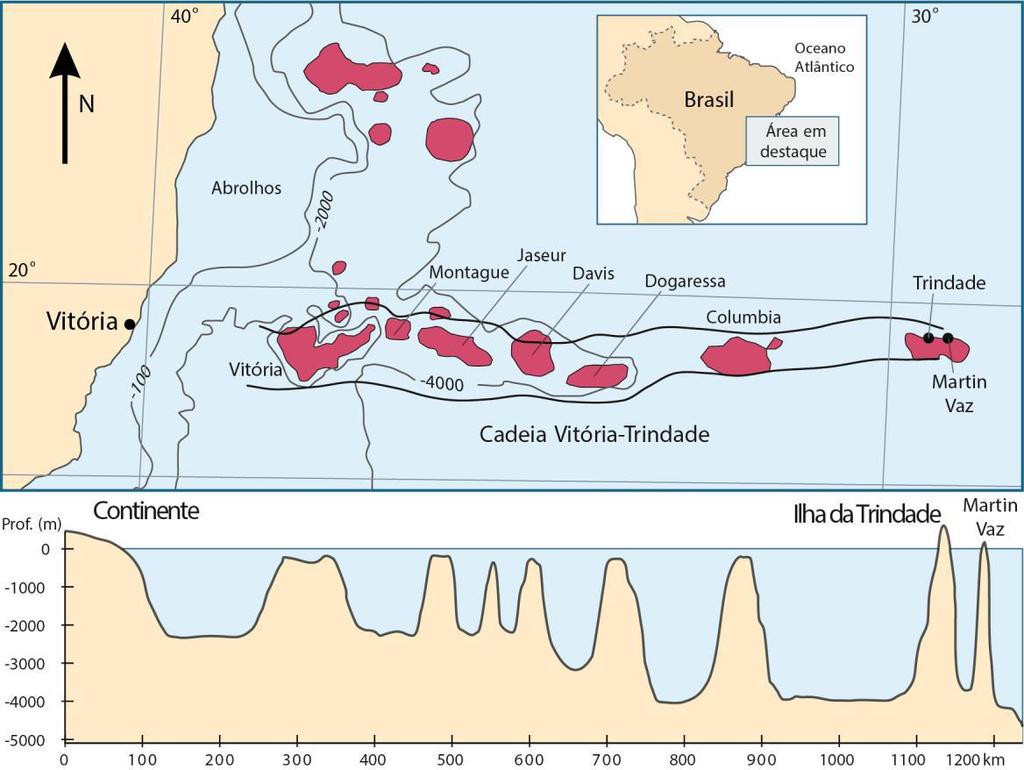 5 2 CONDICIONANTES GEOLÓGICOS 2.1 Contexto Geotectônico A Ilha da Trindade faz parte da Cadeia Vitória-Trindade (CVT), composta por cerca de 30 montes submarinos alinhados (Motoki et al., 2012).