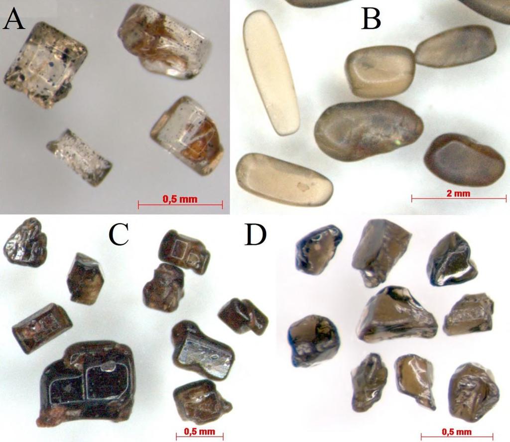 29 Os grãos de olivina das praias de estudo têm brilho vítreo e são incolores, castanhos e verdes (Figura 22).