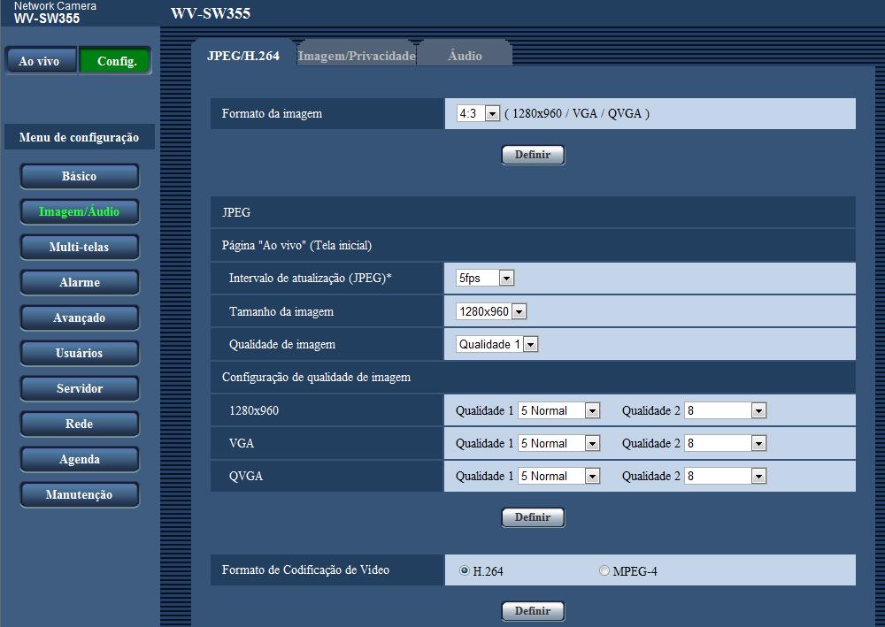 9 Exibição do menu de configuração a partir de um computador 9.3 Da janela do menu de configuração SW155, SW152, SF135, SF132, SP105,e SP102 não oferecem suporte para MPEG-4.