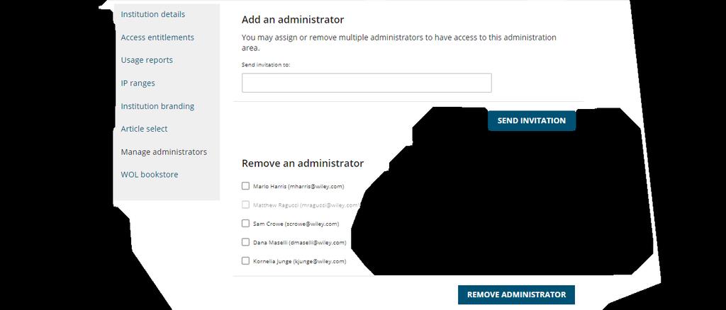Para adicionar um novo usuário, convide-o por e-mail. Eles precisarão ser usuários registrados na Wiley Online Library. Novos usuários podem se registrar seguindo as instruções nesta página.