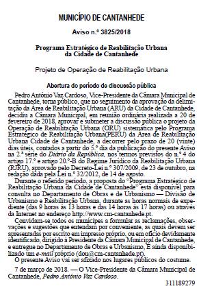 publicação em Diário da República bem como nas instalações da Câmara Municipal correspondentes aos serviços técnicos da