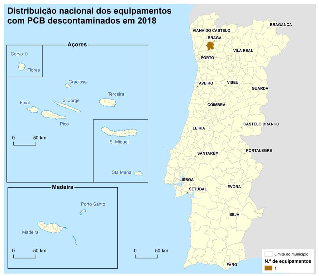 Do mesmo modo se apresenta, na figura seguinte, a distribuição nacional, discriminada por município, do número de equipamentos descontaminados em Portugal, no ano de 2018.