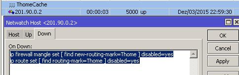 Netwatch Para caso em que o ThomeCache venha ser bloqueado e se houver falta de energia, configure o mikrotik para fazer isto que seus clientes continue a navegação automaticamente, siga: Host=201.90.