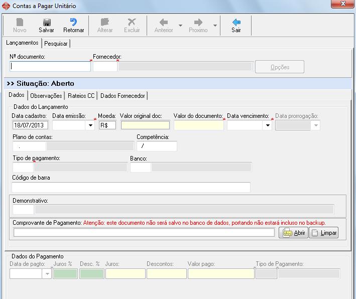 TUTORIAL DE CONTAS A PAGAR E A RECEBER CONTAS A PAGAR LANÇAMENTO UNITÁRIO 1º Clique no