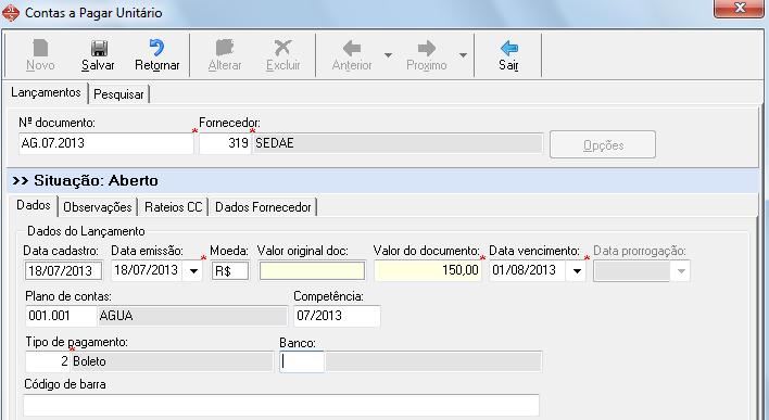 Preencha os dados obrigatórios (Nº Documento / Fornecedor / Data Emissão / Valor do