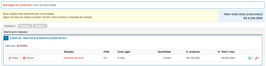 Ao entrar numa nova rodada, caso a rodada anterior tenha sido respondida, todas as propostas já estarão preenchidas com a última proposta enviada, facilitando o envio de uma nova proposta.