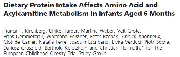 Objetivo: avaliar a resposta metabólica à maior (HP) e menor oferta proteica (LP) na infância Desfechos: nos aminoácidos plasmáticos e [metabólitos] (acilcarnitinas) de crianças aos 6 meses de idade