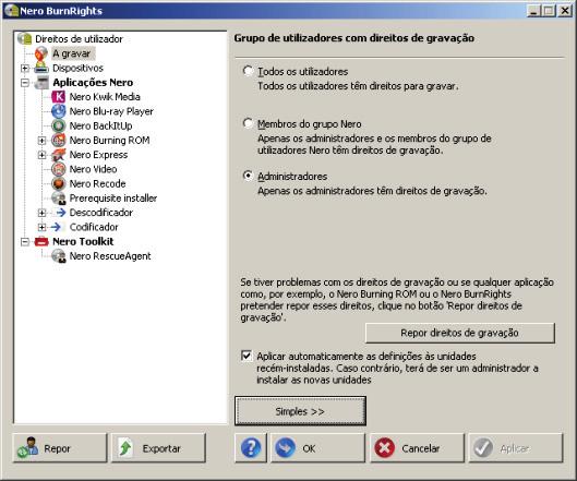 Janela simples do Nero BurnRights em Windows Vista, Windows 7 e Windows 8 3 Janela Nero BurnRights no Windows XP Após iniciar o Nero BurnRights sob o Windows XP e clicar no botão Avançado, é aberta a