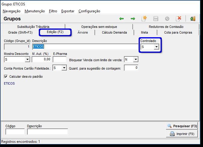 Figura 01 - Cadastro de Grupos Após informar estes campos salve o cadastro no botão ou então pela tecla de atalho Ctrl + G.